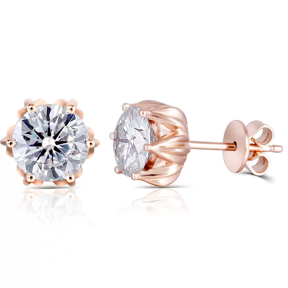 18k Rose Gold Lotus Flower Moissanite Stud Earrings 2ctw