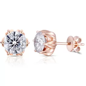 18k Rose Gold Lotus Flower Moissanite Stud Earrings 2ctw