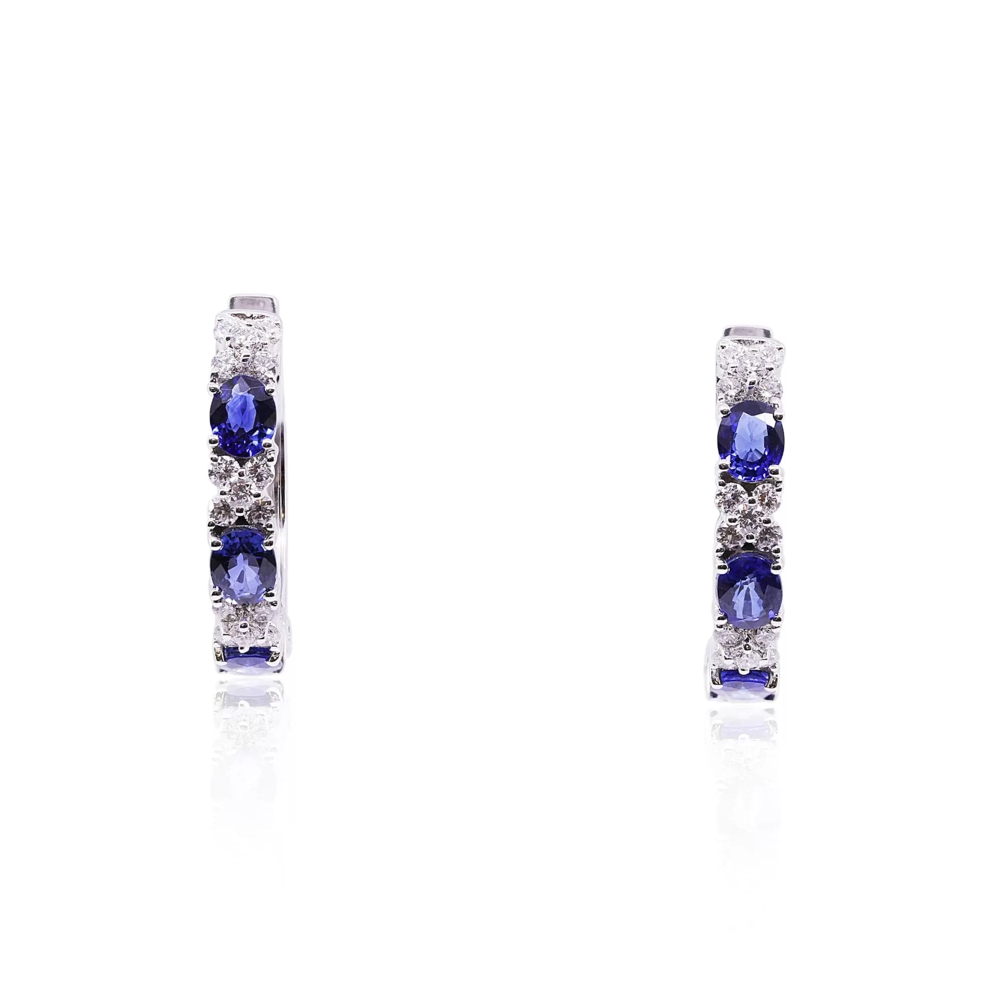 18K WHITE GOLD ALTERNATING OVAL SAPPHIRE AND DIAMOND HOOP EARRINGS 1.09CTW