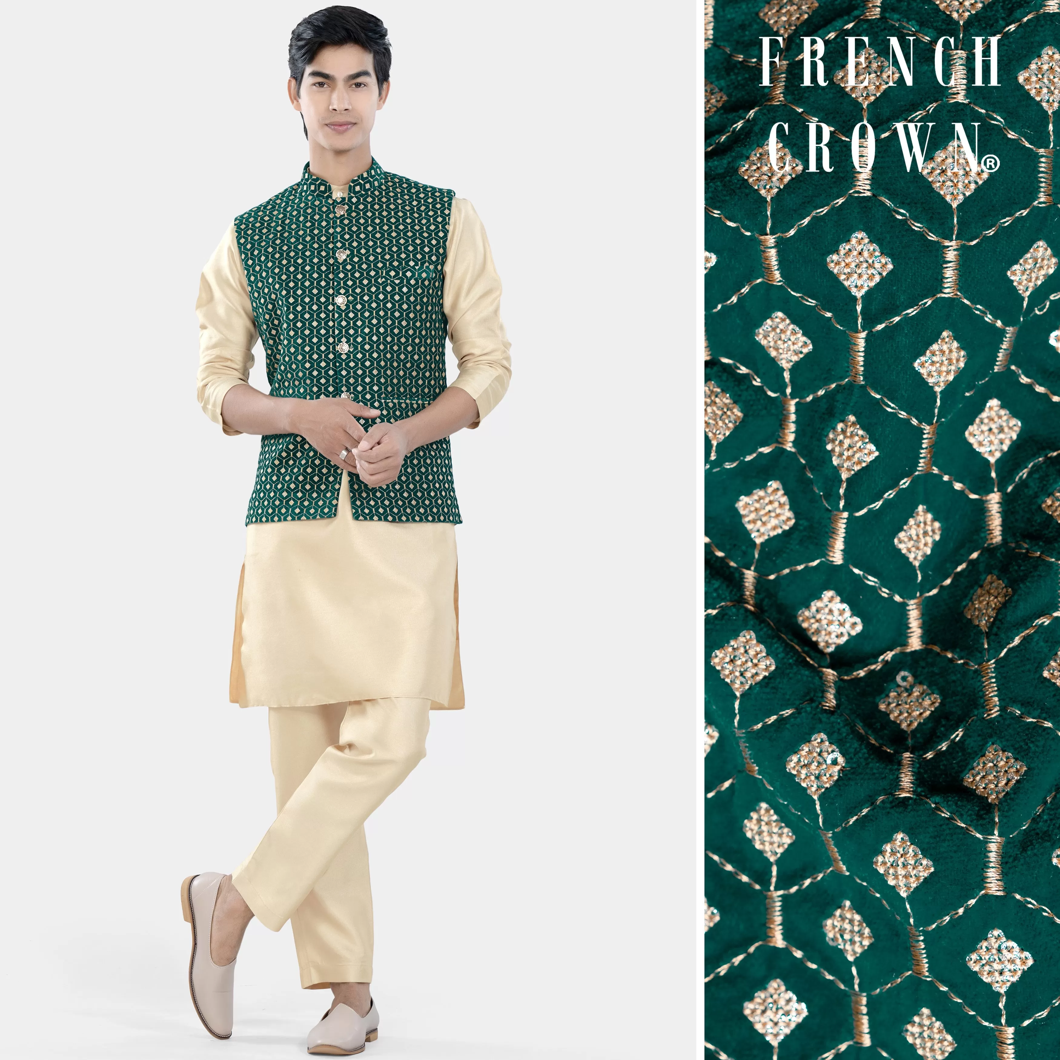 Almond Brown Kurta Set with Sherpa Green and Givry Cream Hexagon Sequin and Thread Embroidered Designer Nehru Jacket