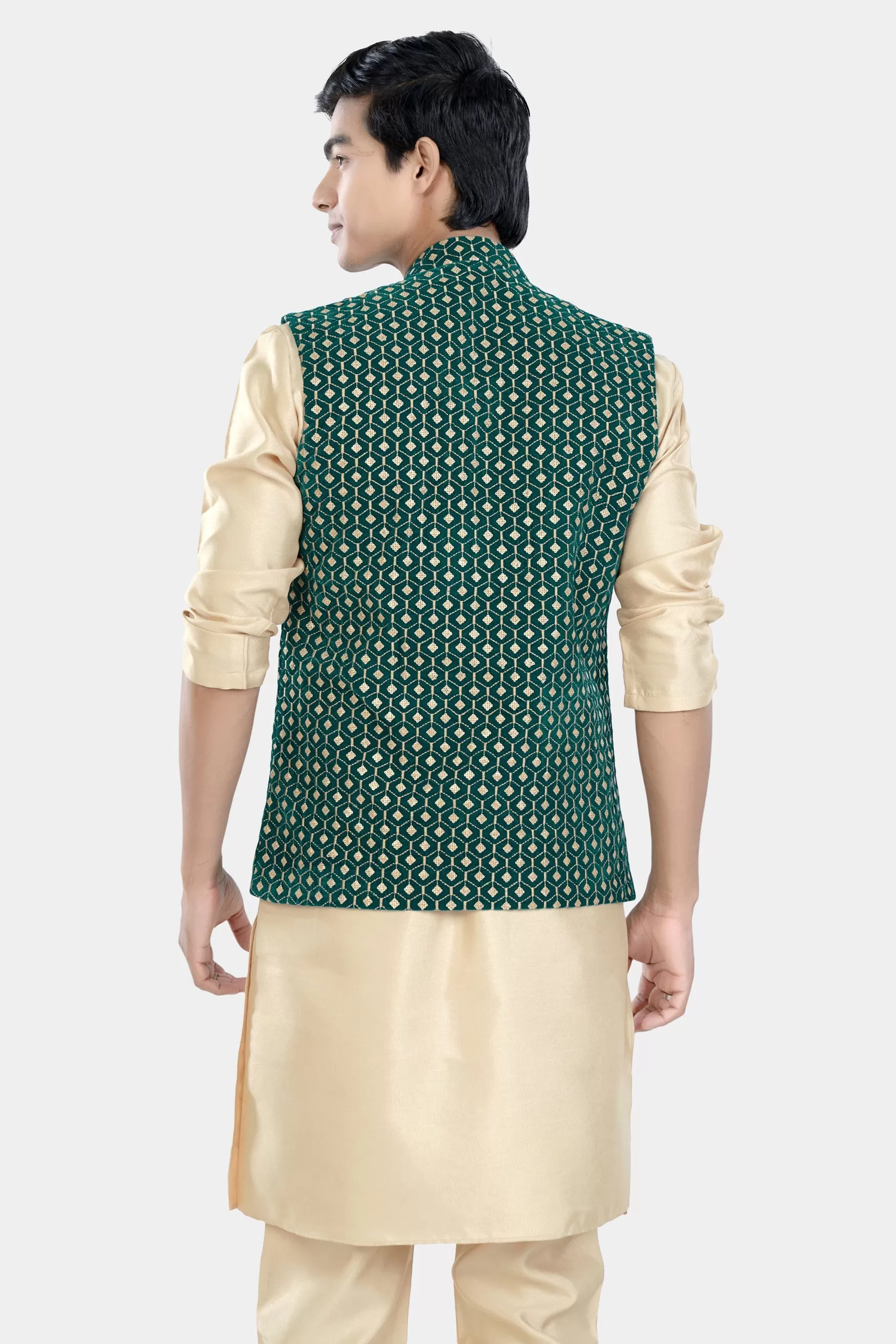 Almond Brown Kurta Set with Sherpa Green and Givry Cream Hexagon Sequin and Thread Embroidered Designer Nehru Jacket