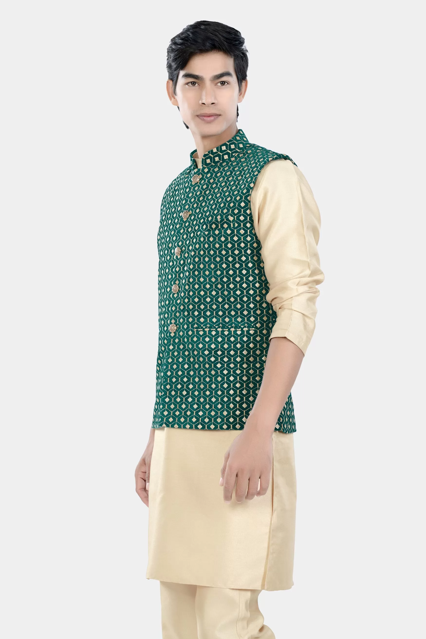 Almond Brown Kurta Set with Sherpa Green and Givry Cream Hexagon Sequin and Thread Embroidered Designer Nehru Jacket