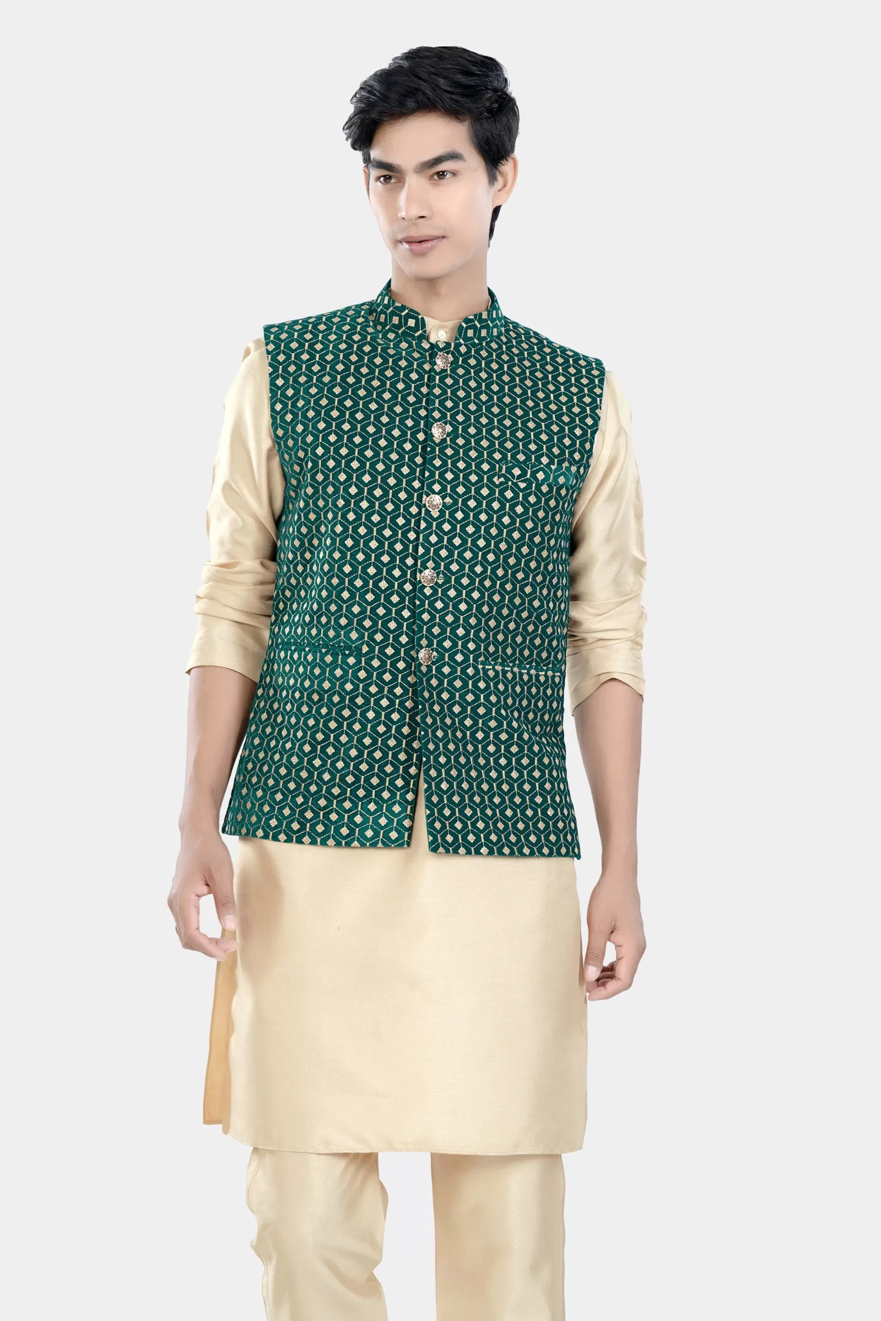 Almond Brown Kurta Set with Sherpa Green and Givry Cream Hexagon Sequin and Thread Embroidered Designer Nehru Jacket