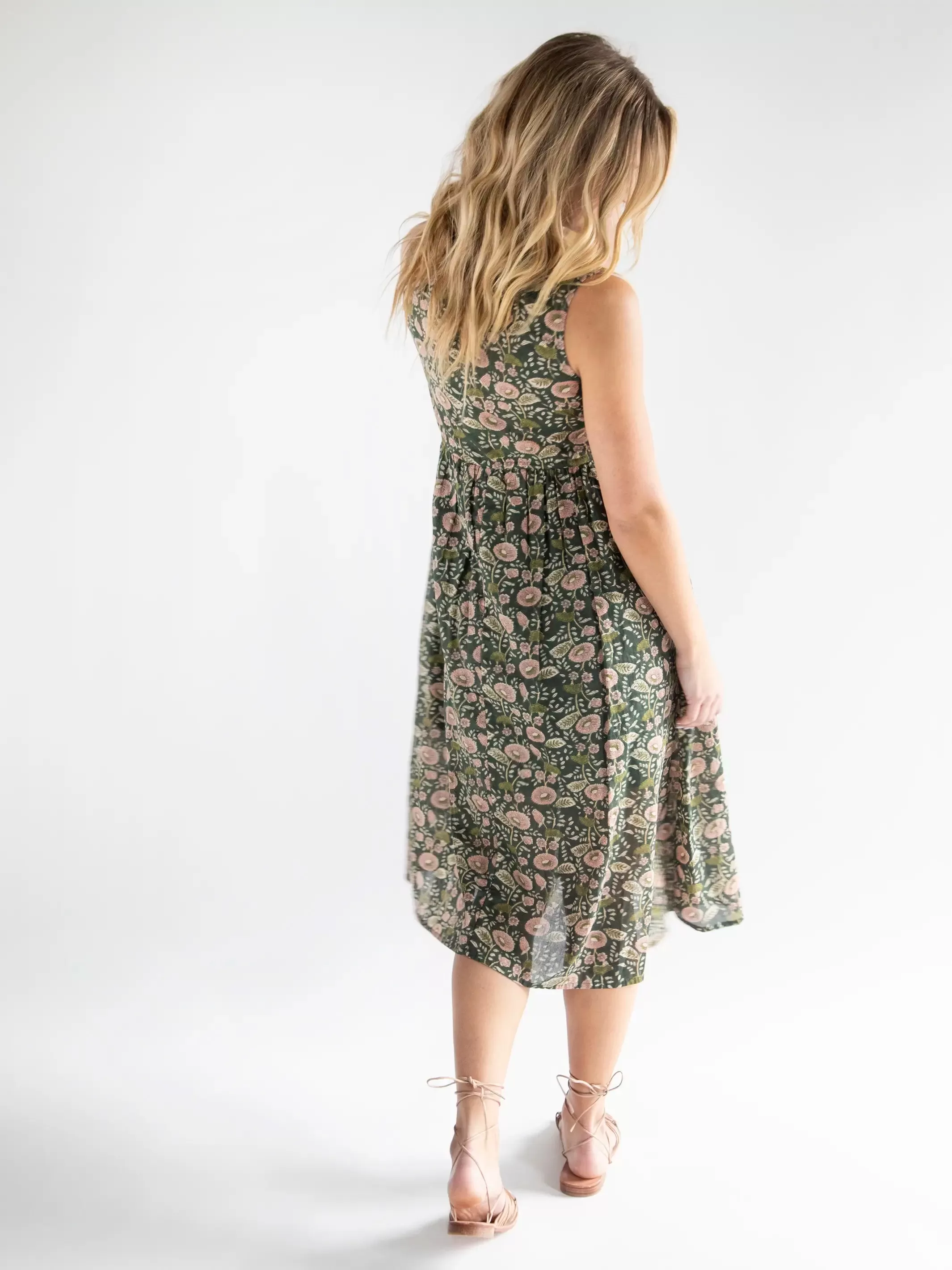 Amelia Cotton Sleeveless Shirt Dress - Green Floral Vines