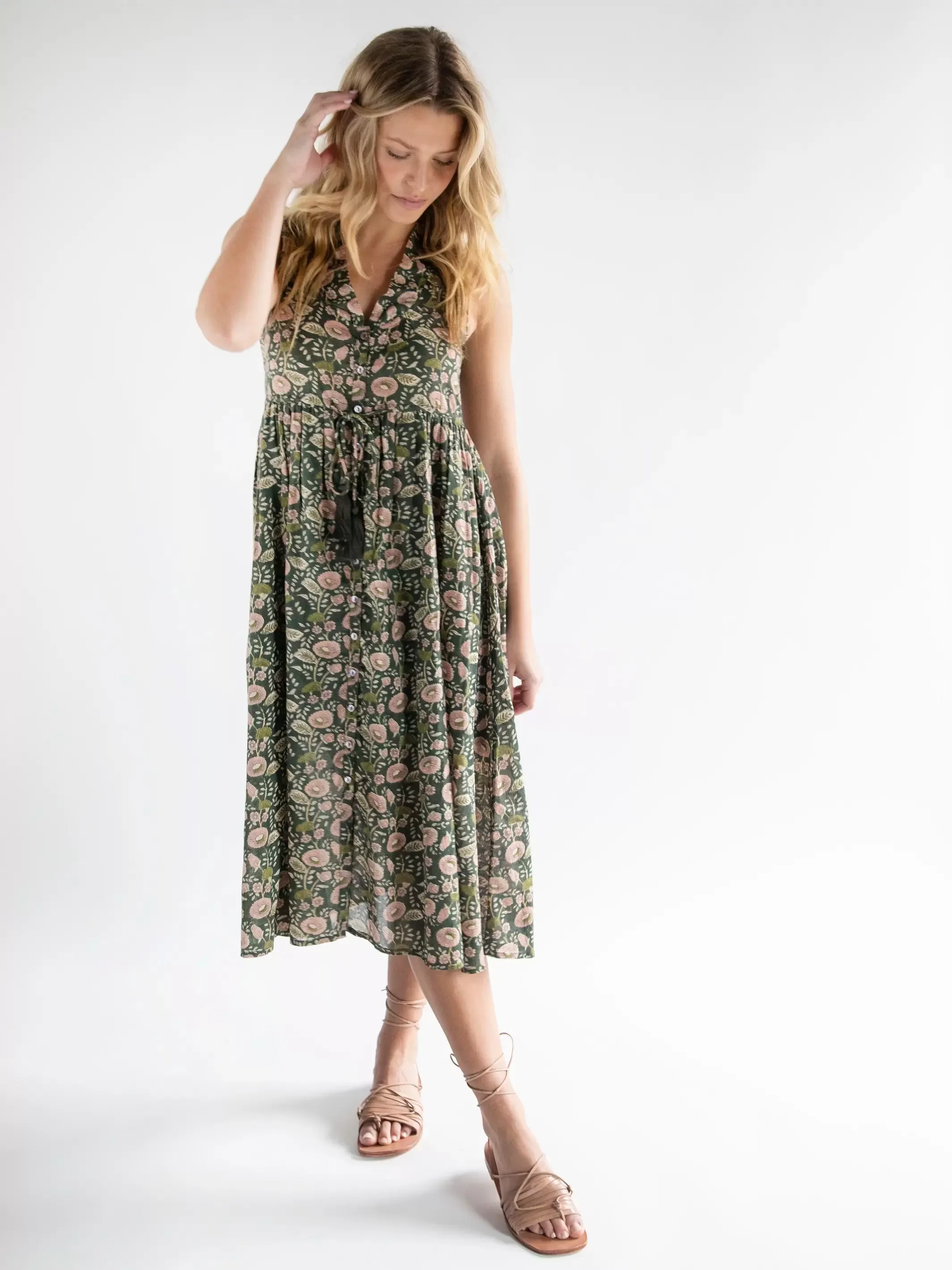 Amelia Cotton Sleeveless Shirt Dress - Green Floral Vines