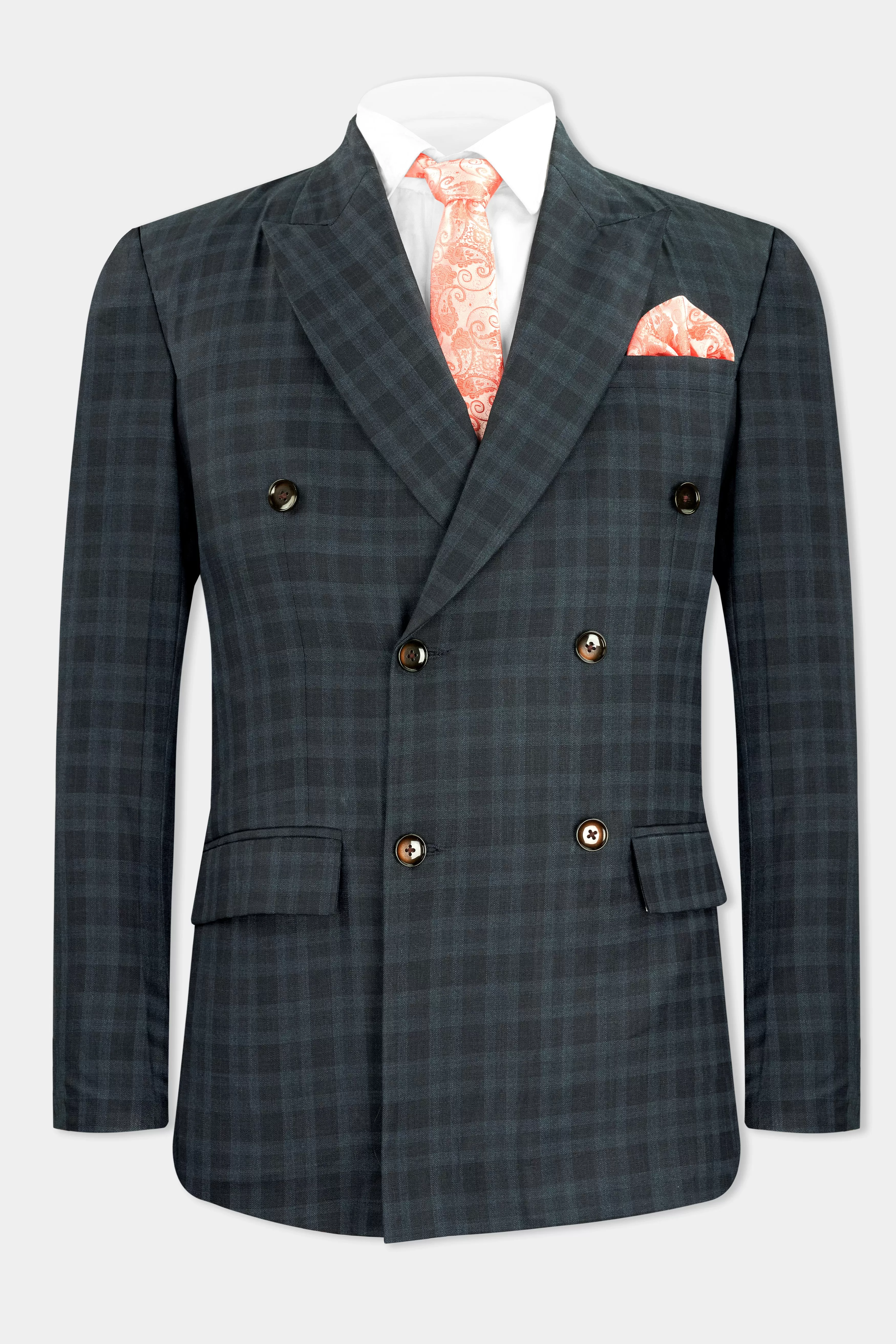 Baltic Sea Blue with Tuna Navy Blue Checkered Wool Rich Double Breasted Suit