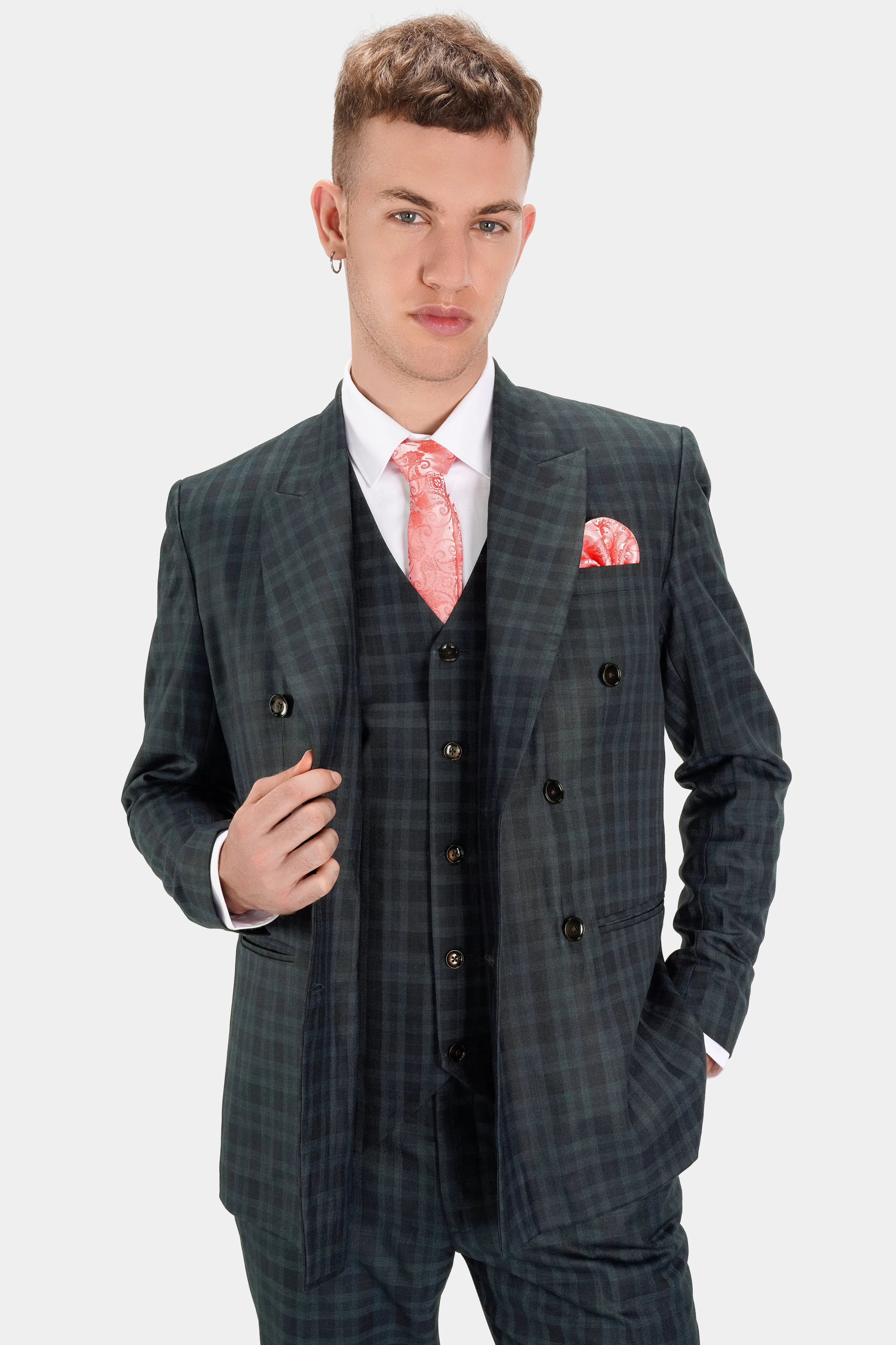 Baltic Sea Blue with Tuna Navy Blue Checkered Wool Rich Double Breasted Suit