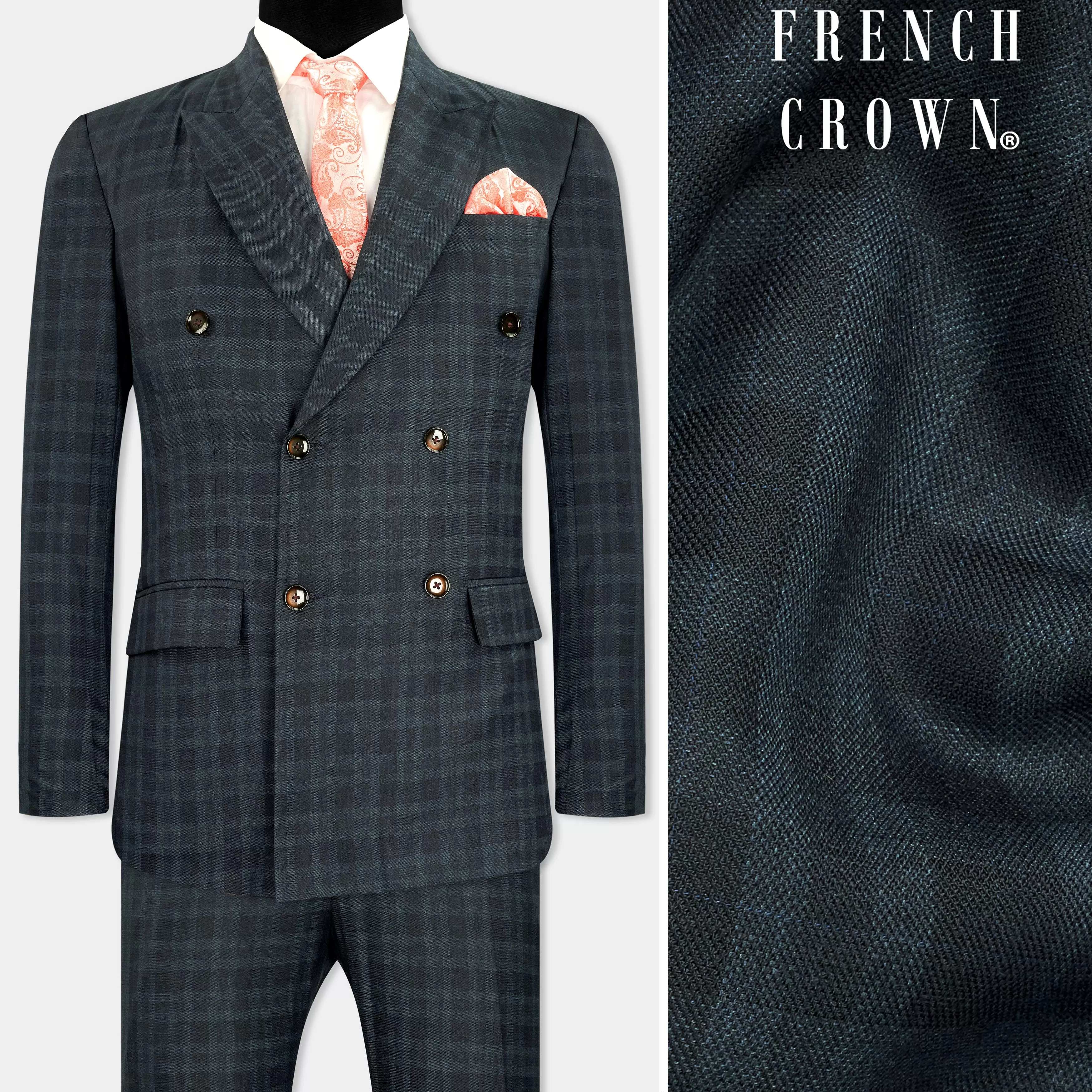 Baltic Sea Blue with Tuna Navy Blue Checkered Wool Rich Double Breasted Suit