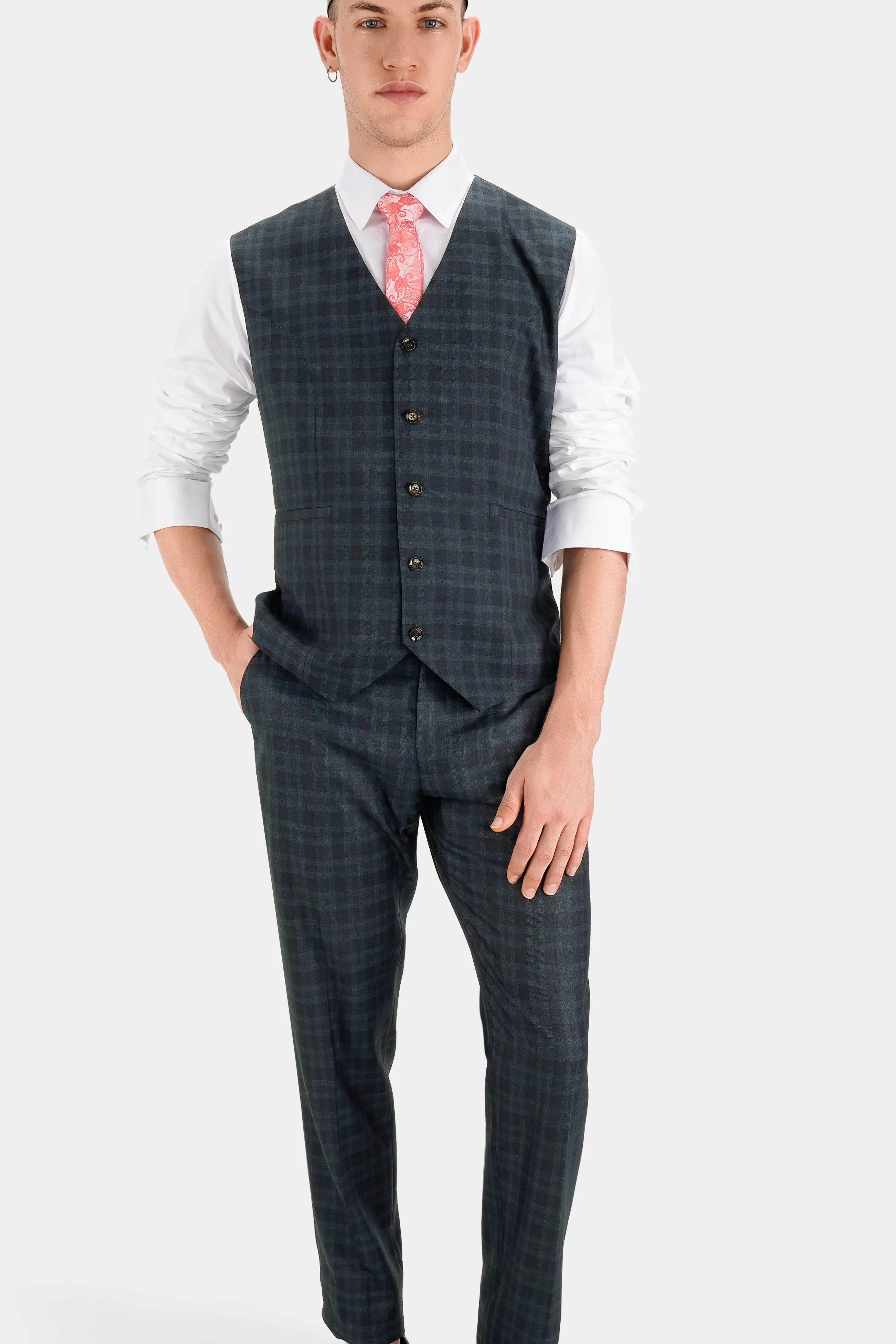 Baltic Sea Blue with Tuna Navy Blue Checkered Wool Rich Double Breasted Suit