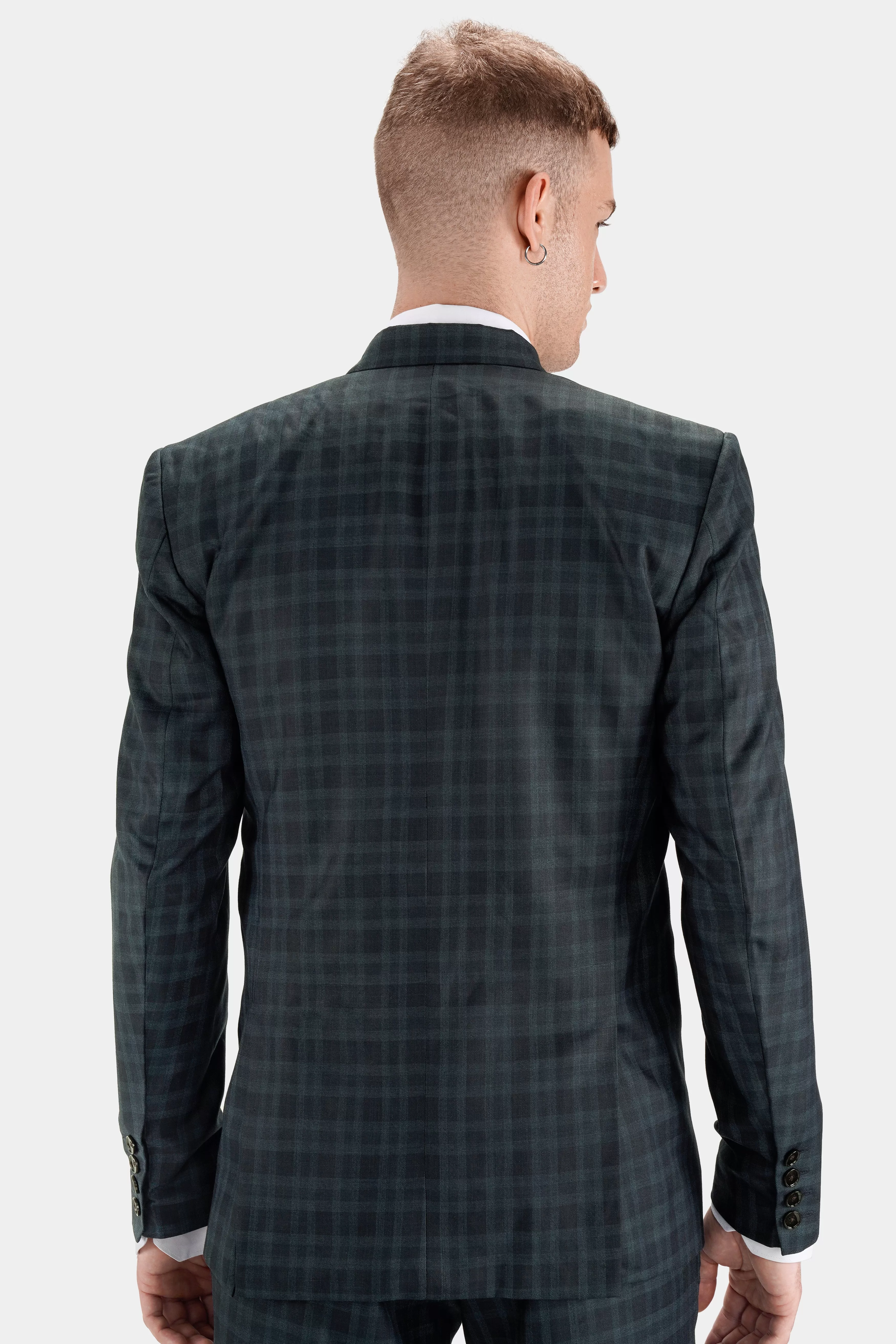 Baltic Sea Blue with Tuna Navy Blue Checkered Wool Rich Double Breasted Suit