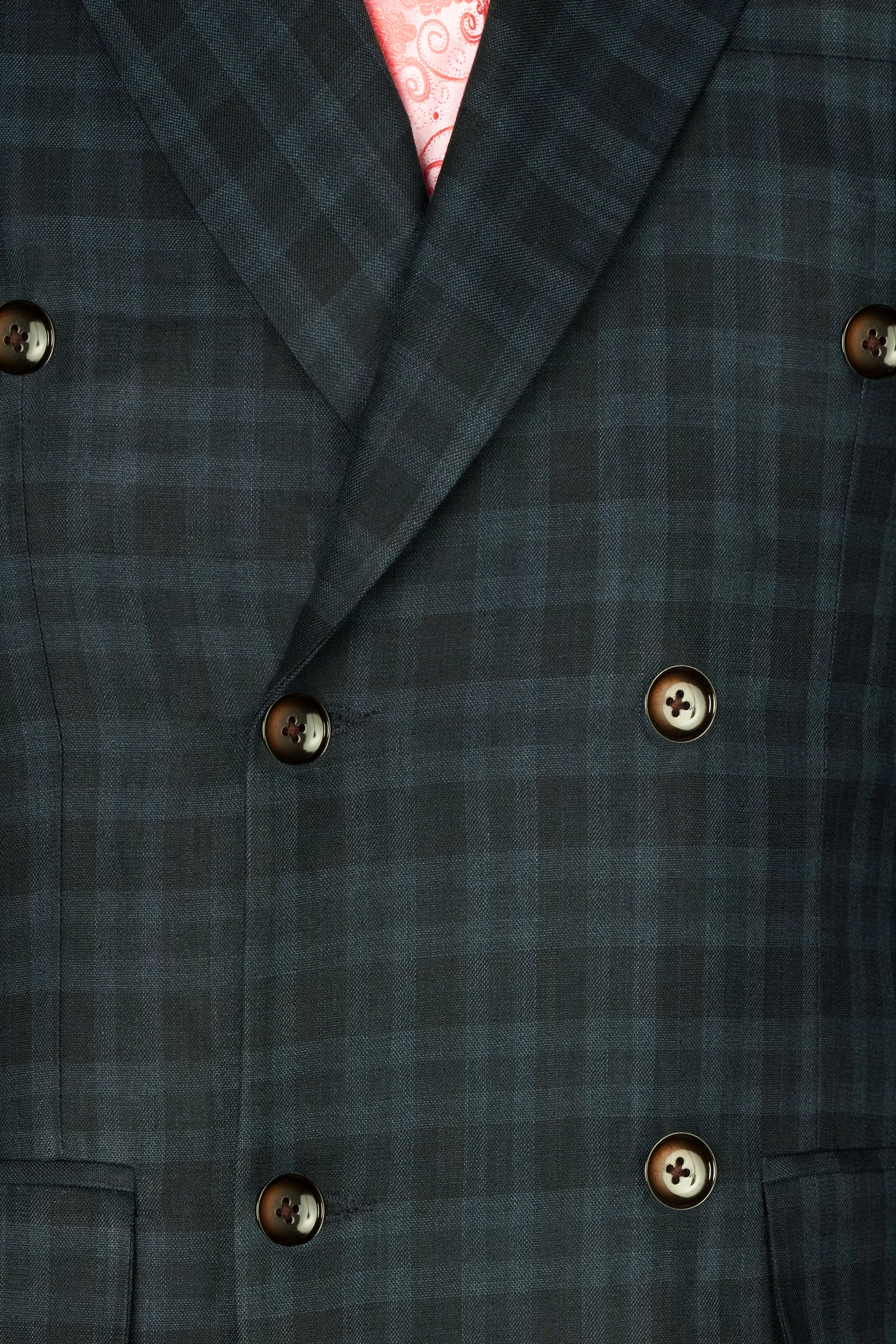 Baltic Sea Blue with Tuna Navy Blue Checkered Wool Rich Double Breasted Suit