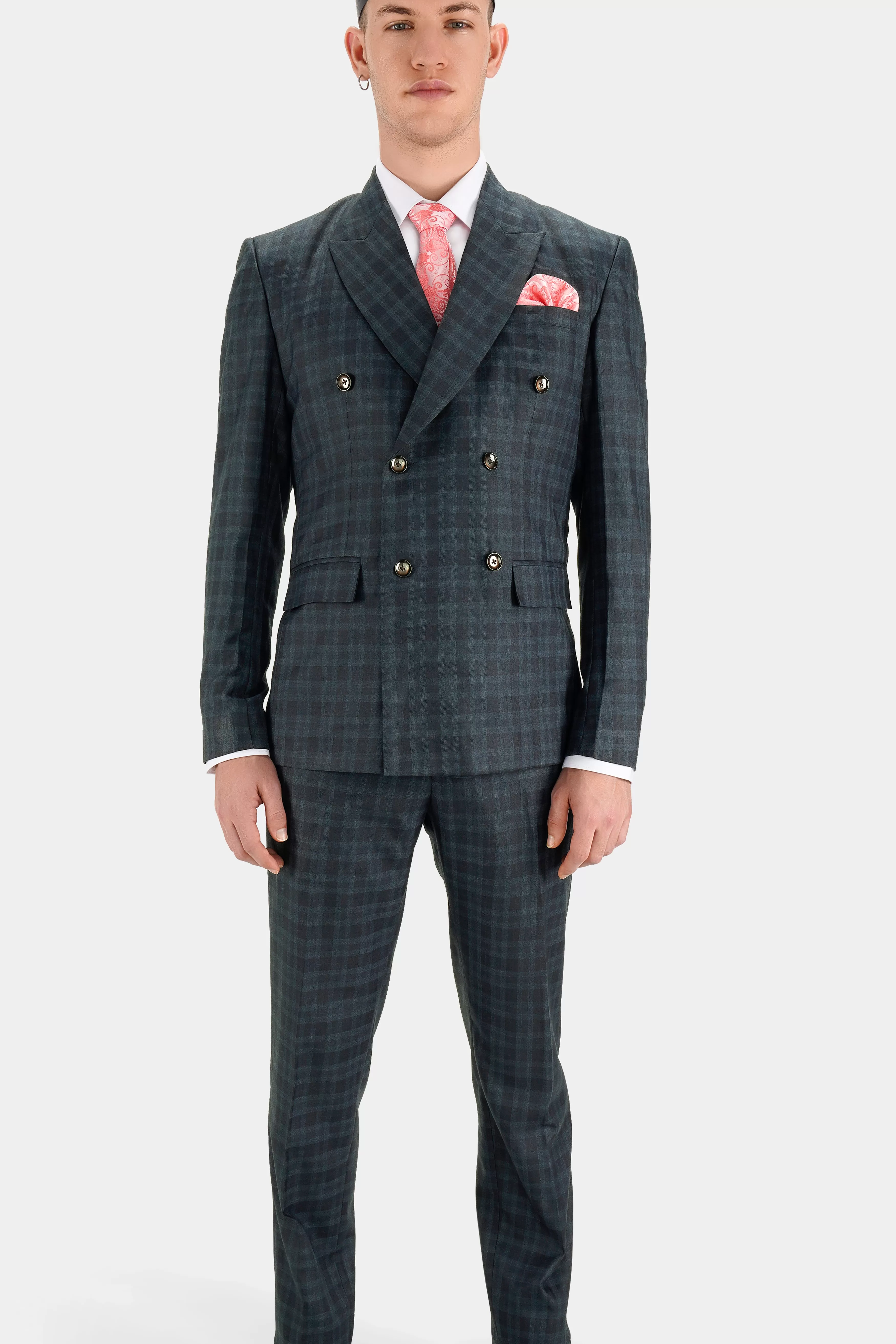 Baltic Sea Blue with Tuna Navy Blue Checkered Wool Rich Double Breasted Suit