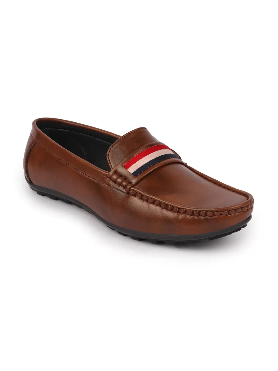 Basics Men Brown Colored Stripe Design Side Stitched Casual Slip On Loafers and Moccasin Shoes