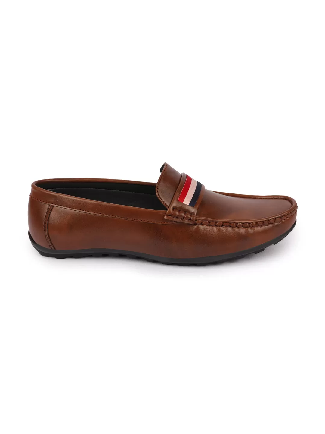 Basics Men Brown Colored Stripe Design Side Stitched Casual Slip On Loafers and Moccasin Shoes