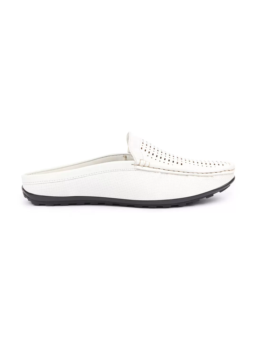 Basics Men White Back Open Laser Cut Design Textured Ethnic Casual Wedding Slip On Mules