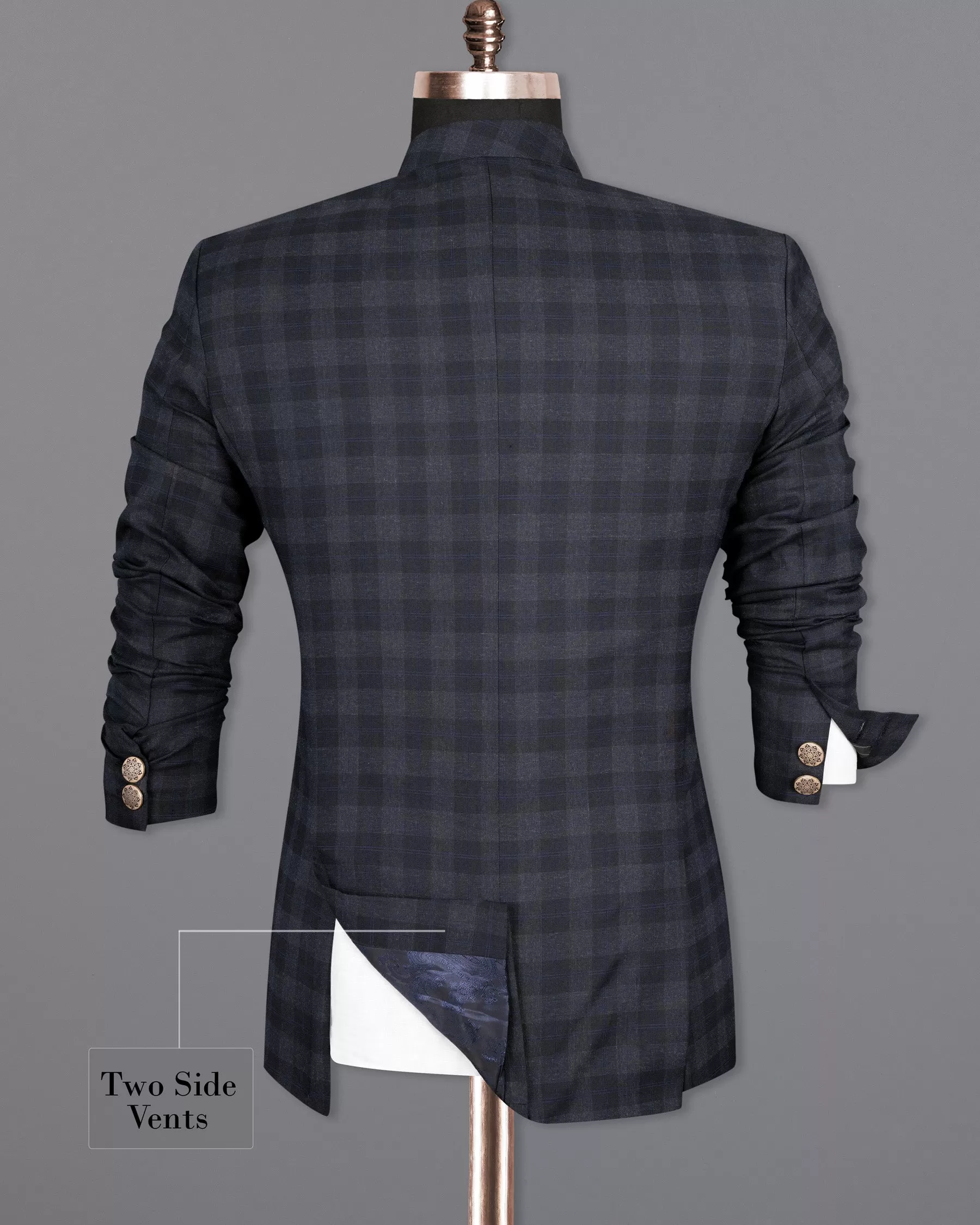 Bastille Grey Plaid Wool Rich Cross Placket Bandhgala Suit