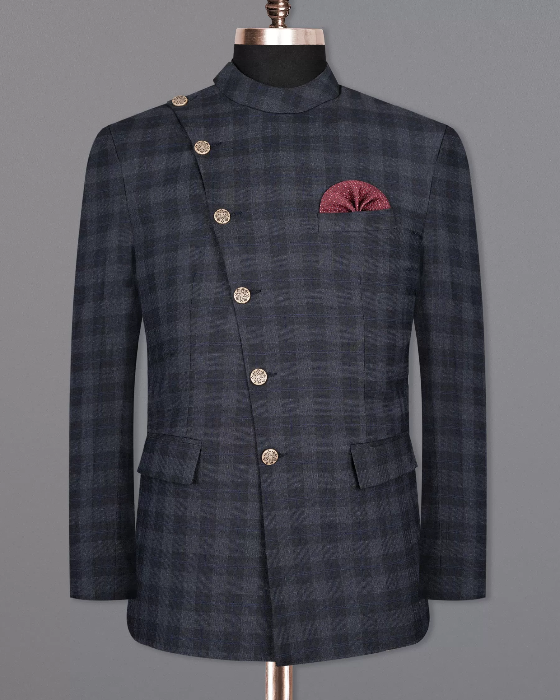 Bastille Grey Plaid Wool Rich Cross Placket Bandhgala Suit