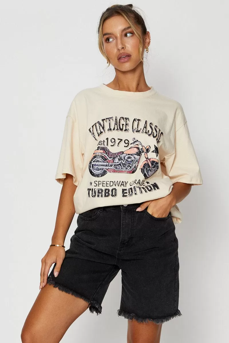 Beige Graphic T Shirt Short Sleeve Oversized