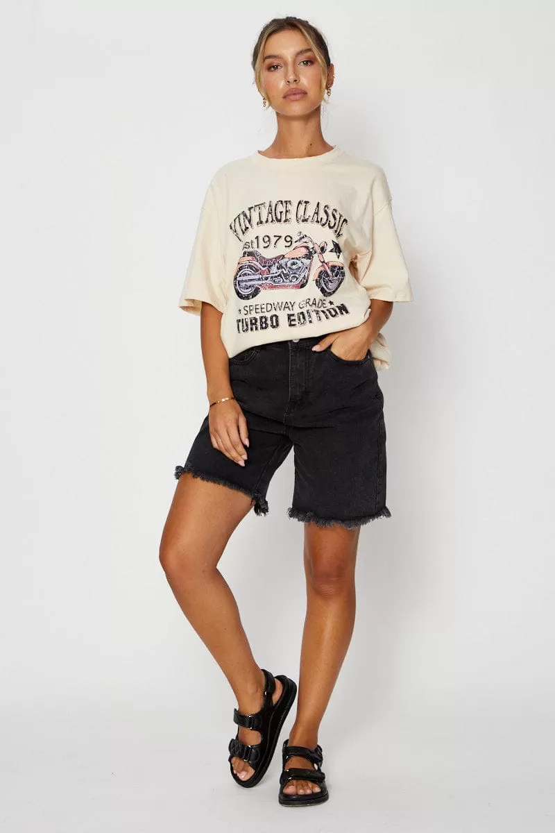 Beige Graphic T Shirt Short Sleeve Oversized