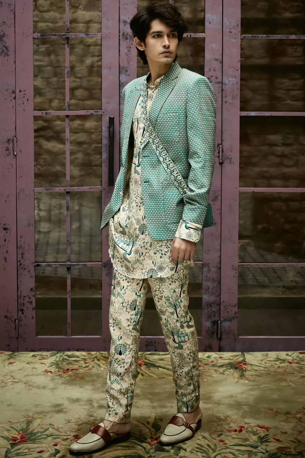 Beige Printed Blazer with Kurta and Pants