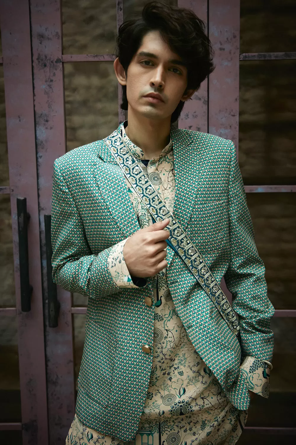 Beige Printed Blazer with Kurta and Pants