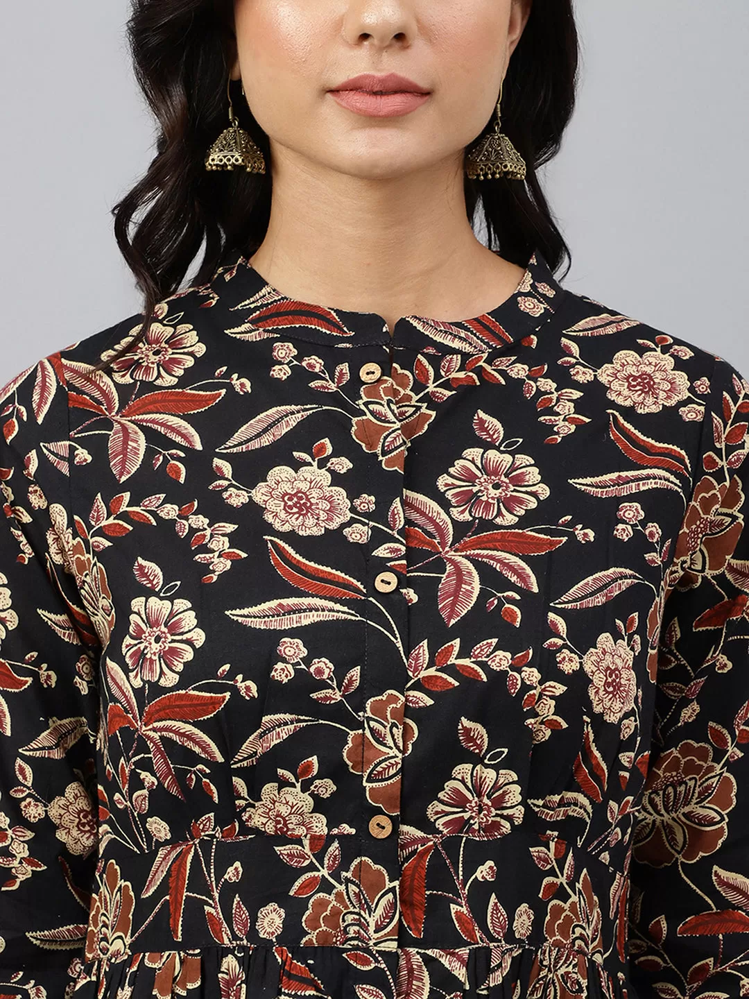 Black Cotton Floral Print Flared Western Dress