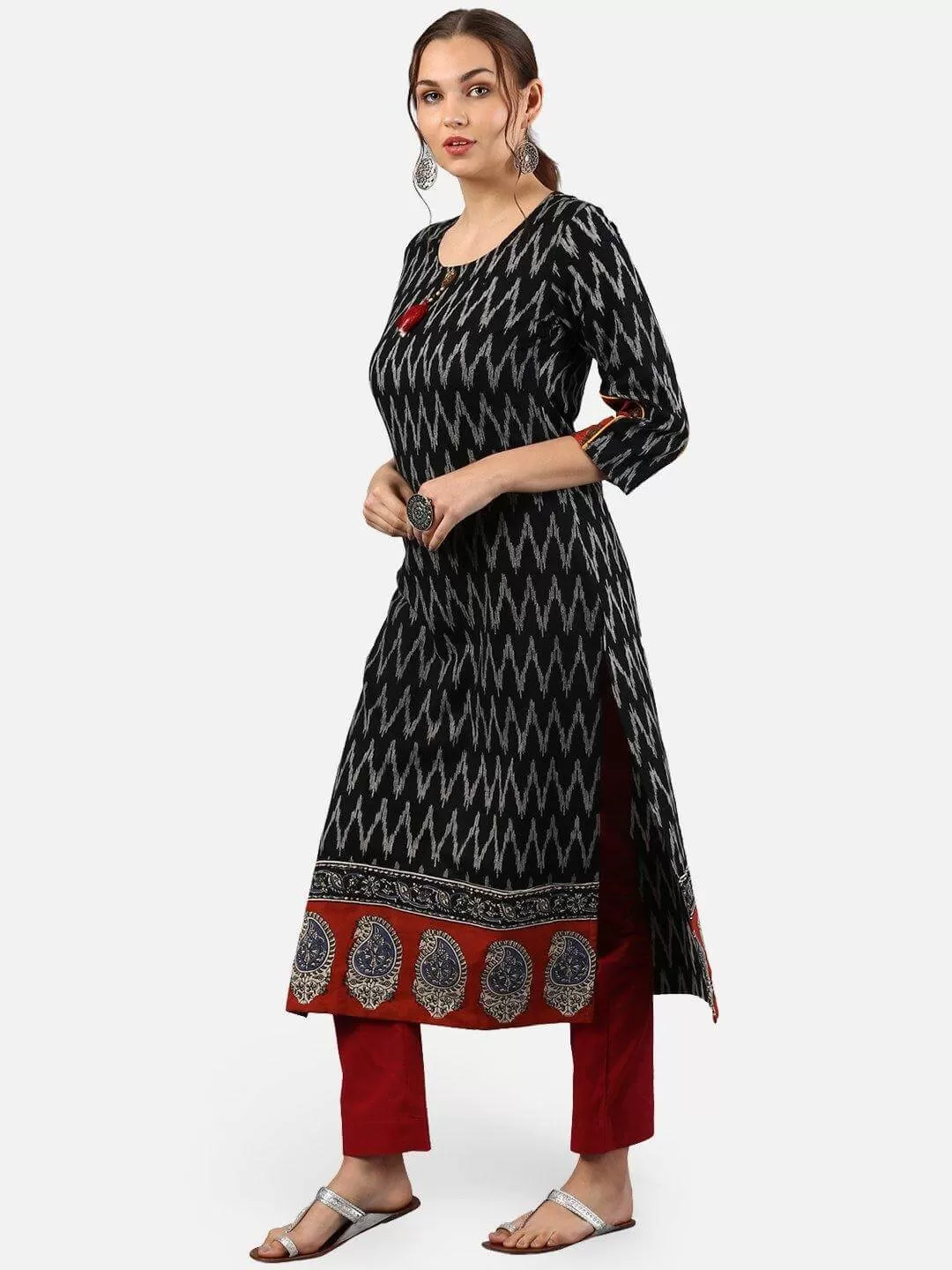 Black Cotton Ikat Straight Kurta