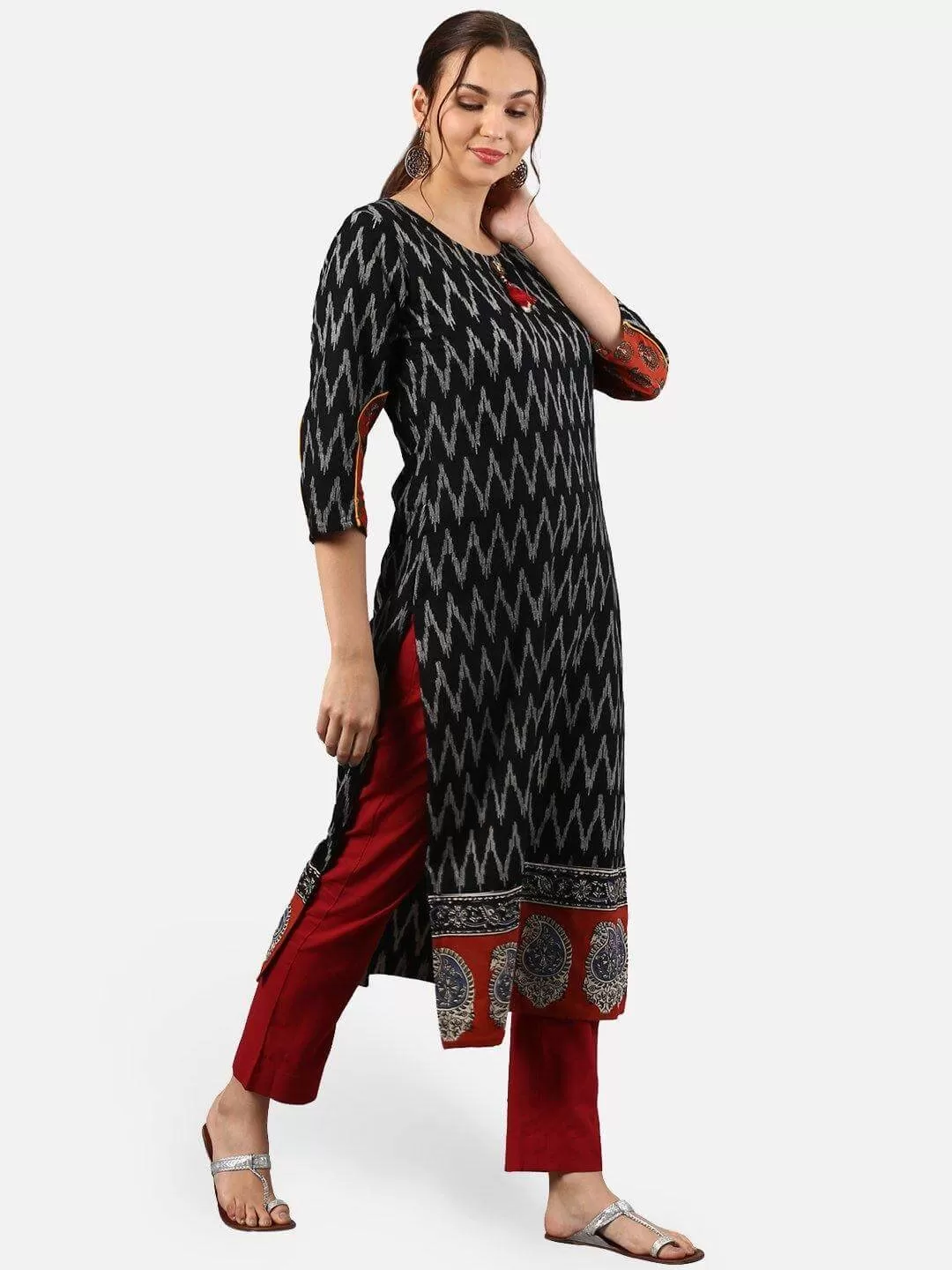 Black Cotton Ikat Straight Kurta