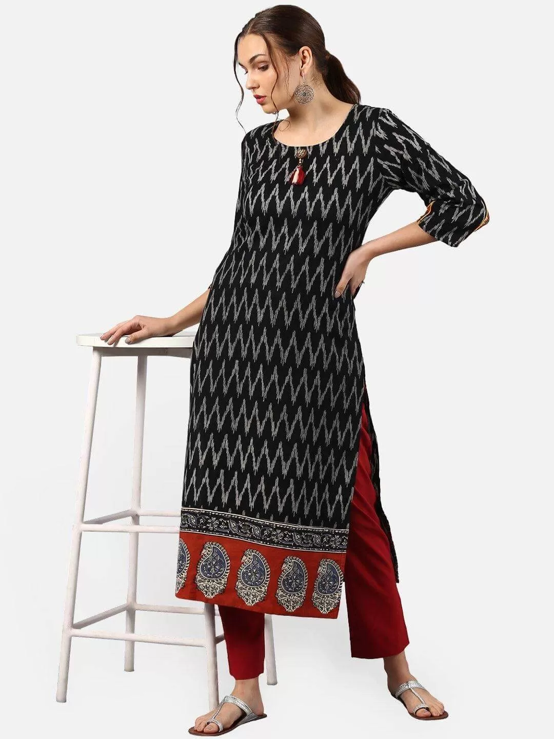 Black Cotton Ikat Straight Kurta