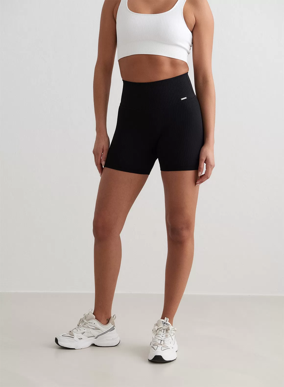 Black Ribbed Midi Biker Shorts