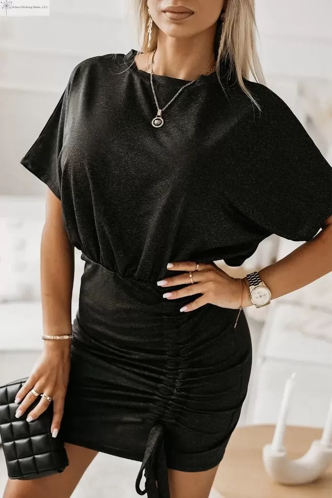 Black Short Sleeves Mini Dress With Drawstring