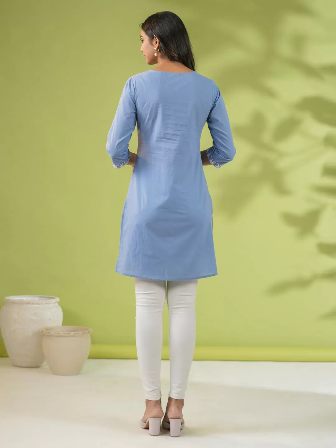 Blue Cotton Embroidered Regular Tunic