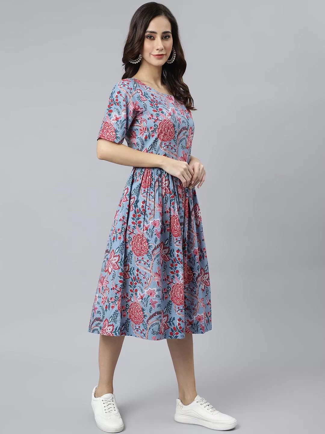 Blue Cotton Floral Print Flared Western Dress