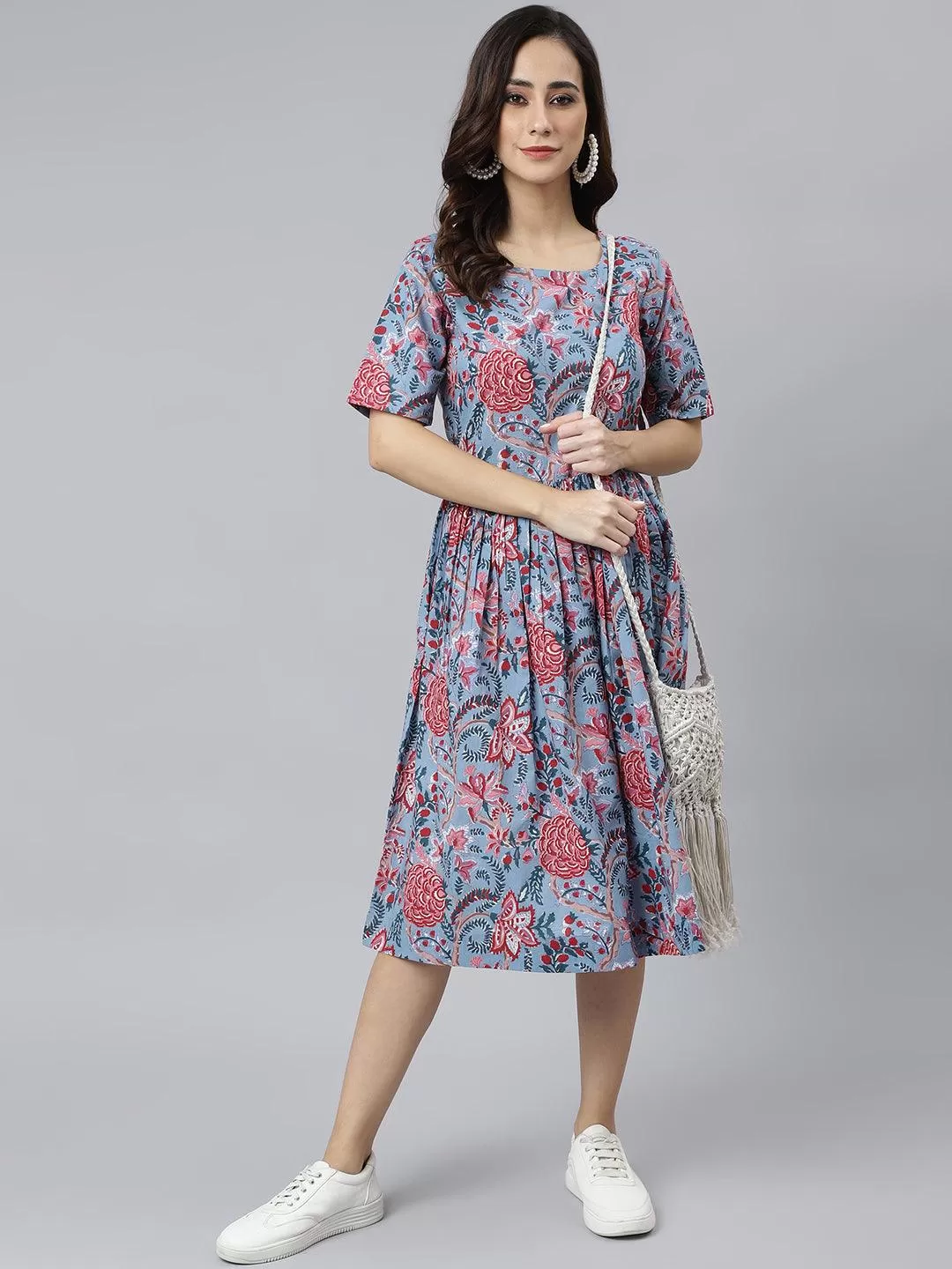 Blue Cotton Floral Print Flared Western Dress