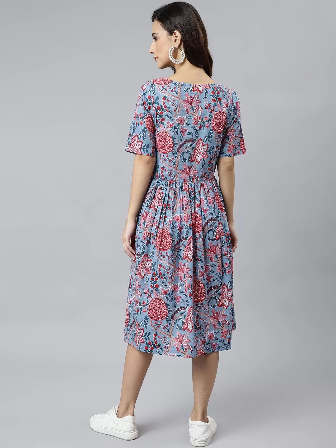 Blue Cotton Floral Print Flared Western Dress