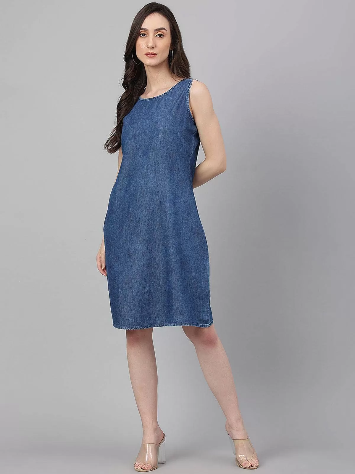 Blue Denim Solid Straight Western Dress