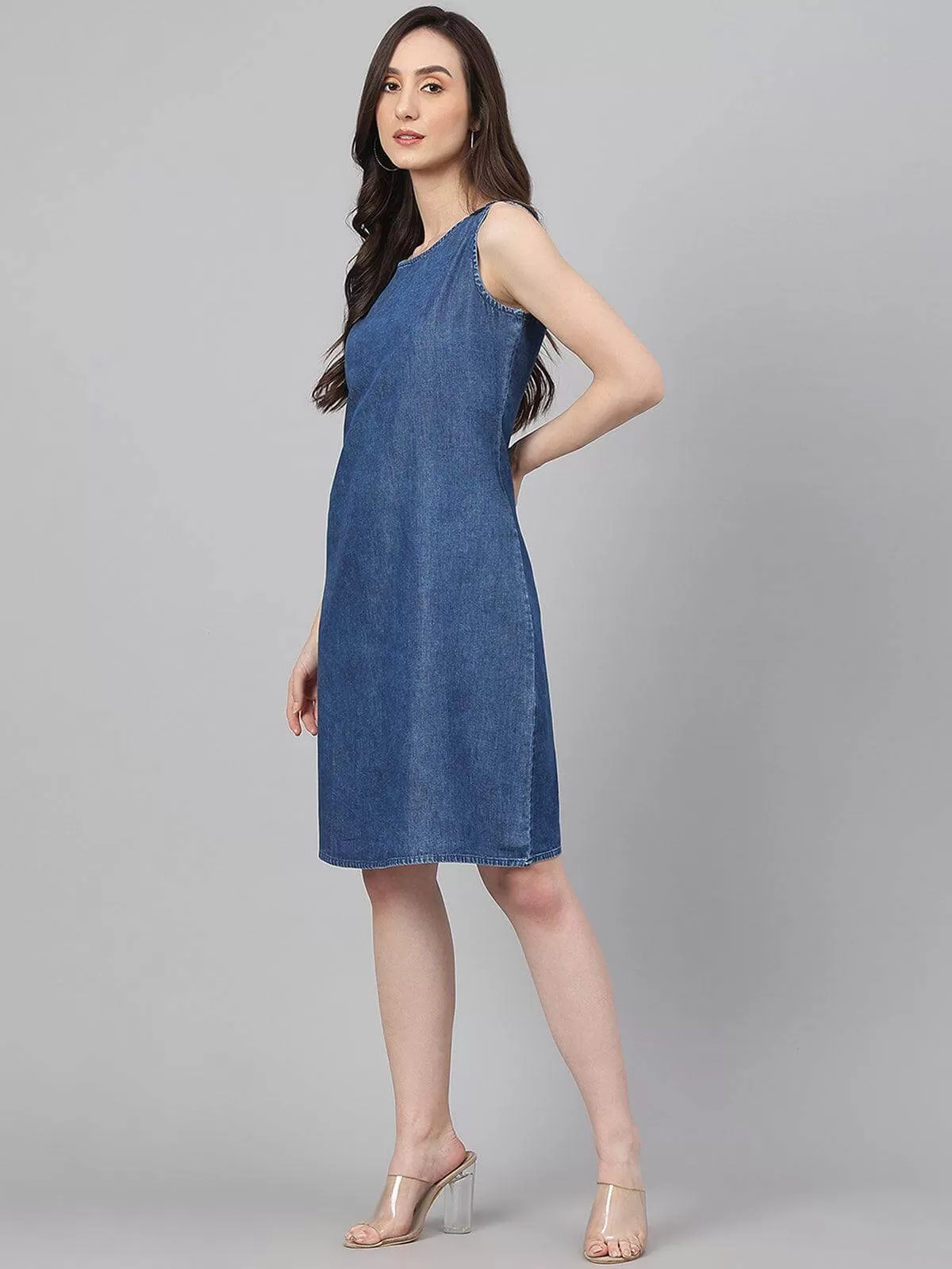 Blue Denim Solid Straight Western Dress