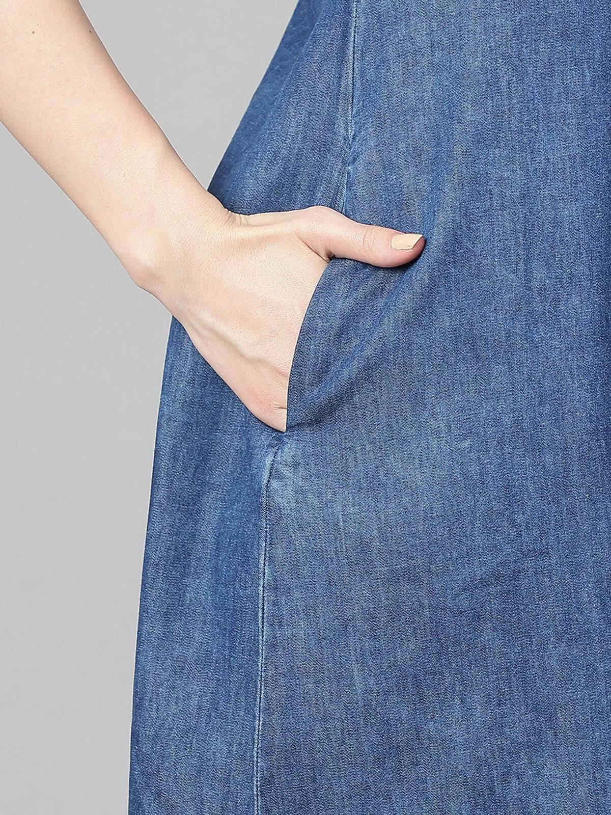 Blue Denim Solid Straight Western Dress