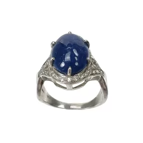 Blue SAPPHIRE Gemstone With CZ RING : 6.37gms 925 Sterling Silver Natural Sapphire Oval Cabochon Prong Set Unisex Ring 7.5US