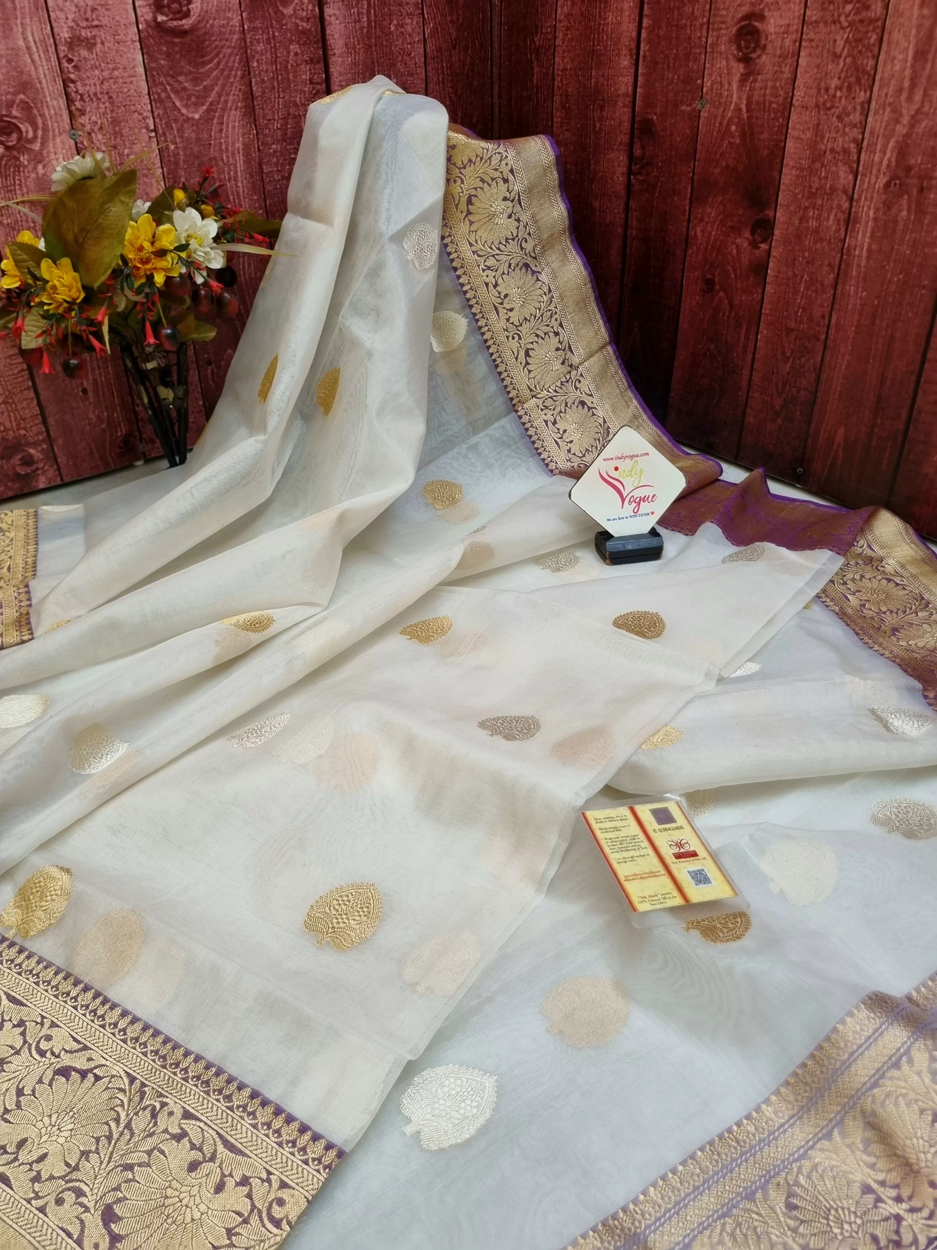 Bone White Color Pure Kora Organza Banarasi Silk Saree with Silver & Golden Zari Buti Work