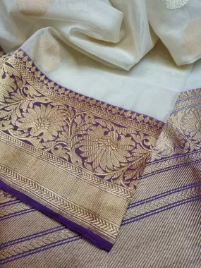 Bone White Color Pure Kora Organza Banarasi Silk Saree with Silver & Golden Zari Buti Work