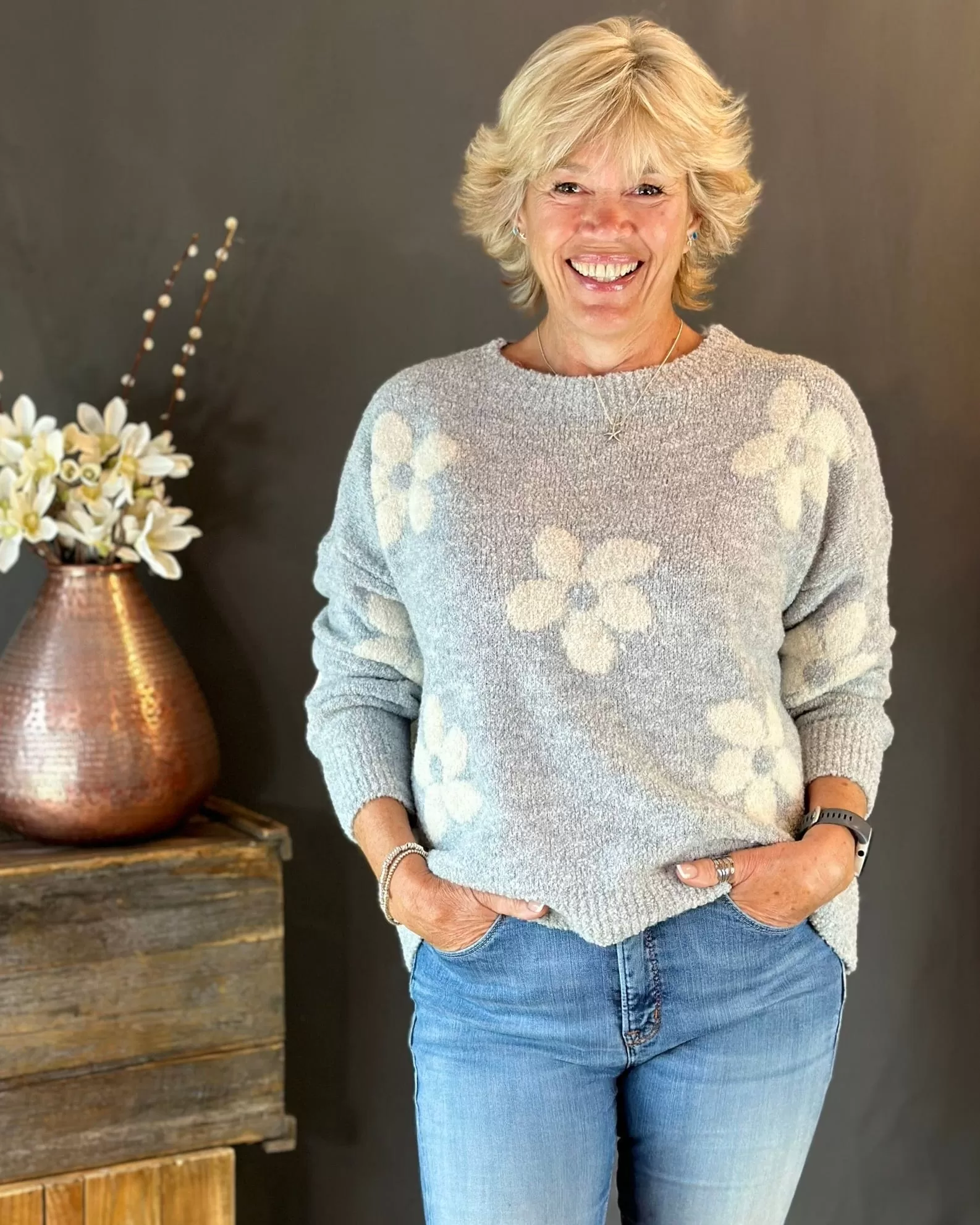 Boucle Knitted Flower Jumper - Pale Grey