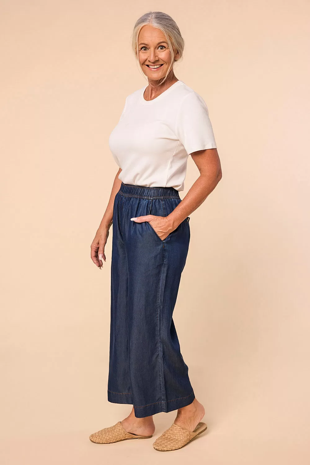 Breezy Cropped Relaxed Tencel Pant in Dark Wash