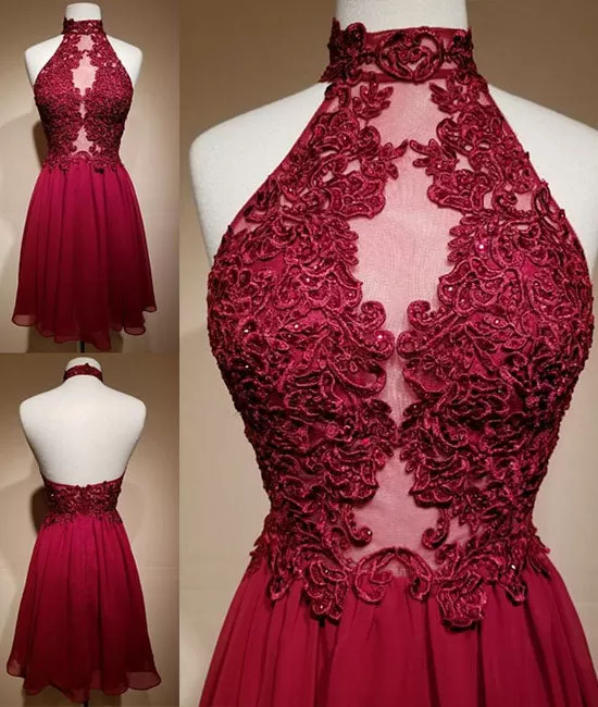 Burgundy lace short prom dress, burgundy homecoming dress