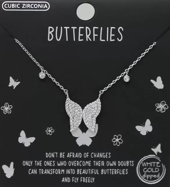 Butterflies CZ Stone Pave Pendant Simple Chain Necklace