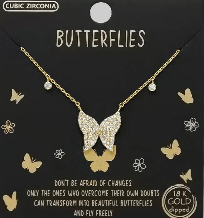 Butterflies CZ Stone Pave Pendant Simple Chain Necklace