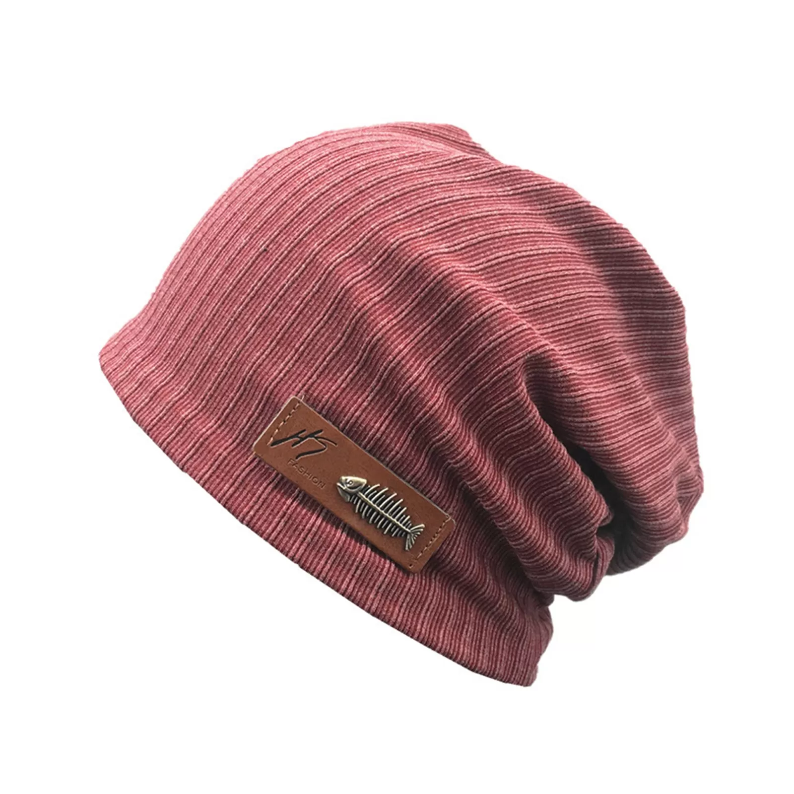 CASUAL FISHBONE LEATHER LABEL KNITTED BEANIE HAT