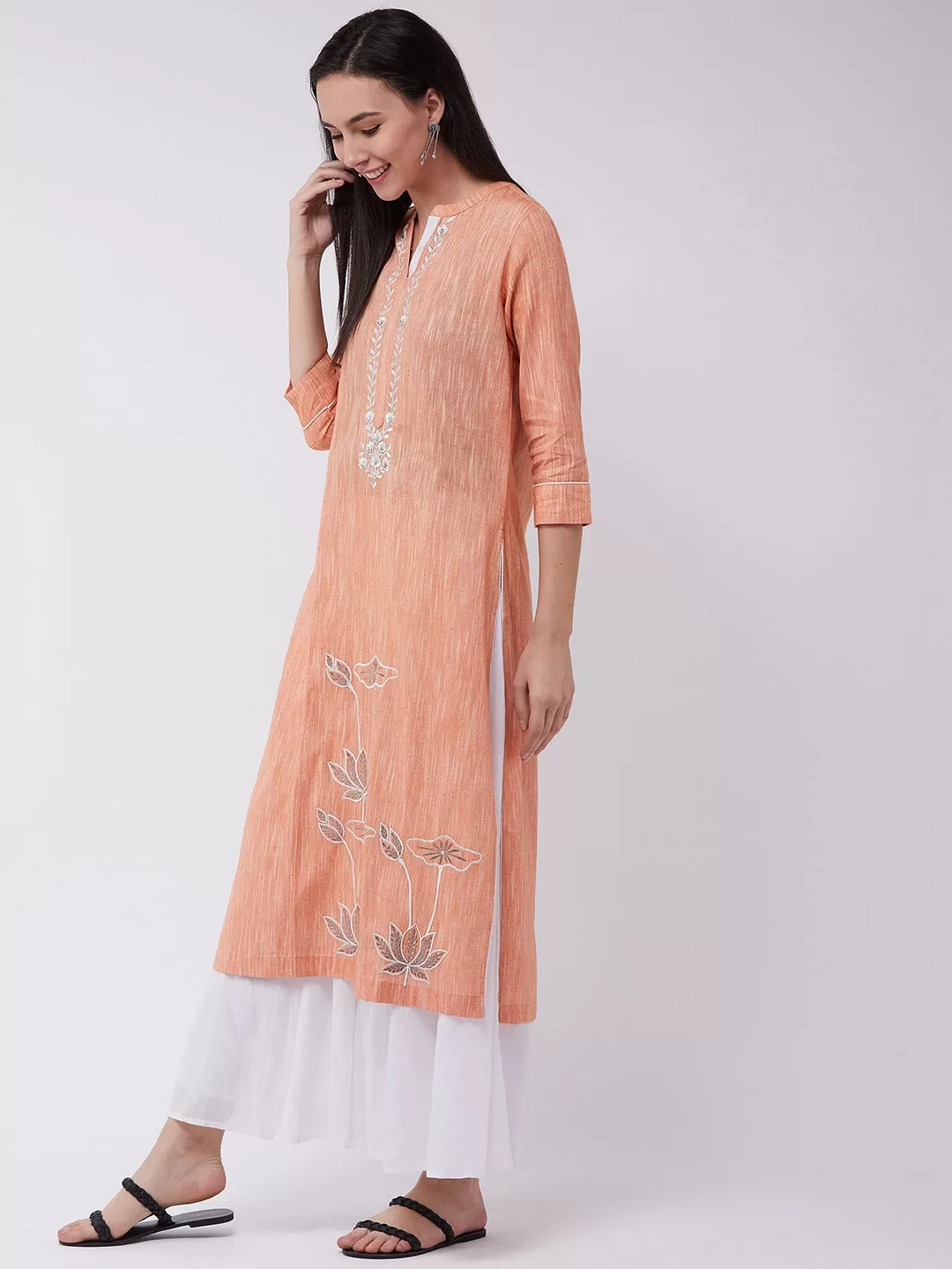 Chambray Floral Embroidered Kurta