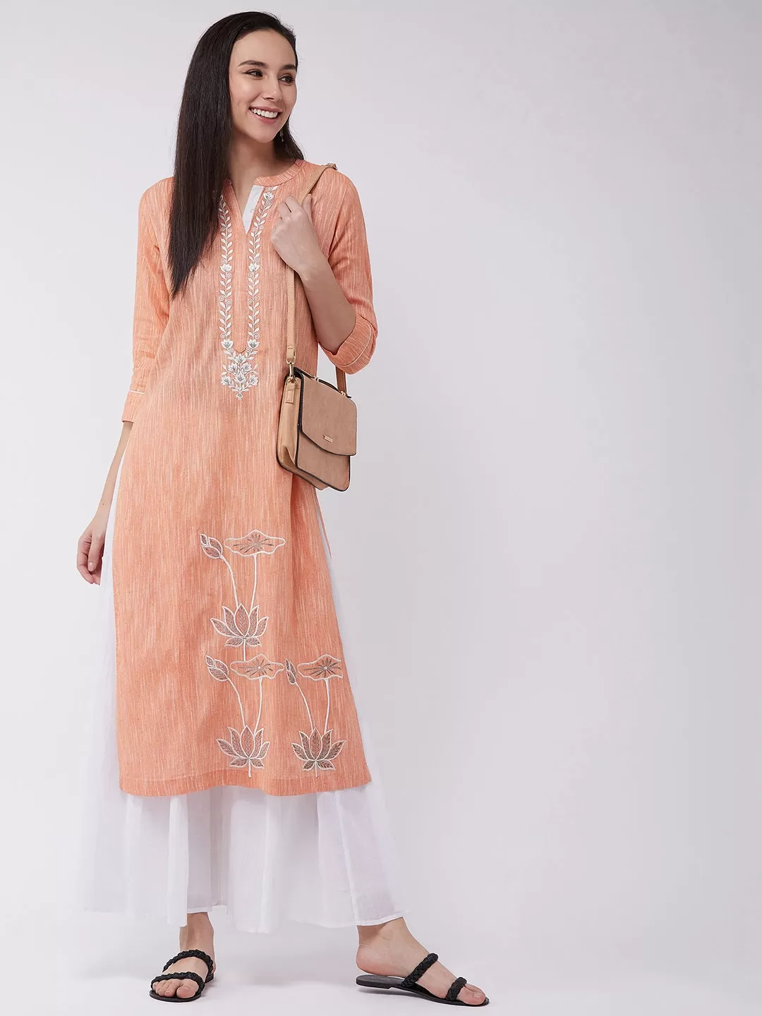 Chambray Floral Embroidered Kurta