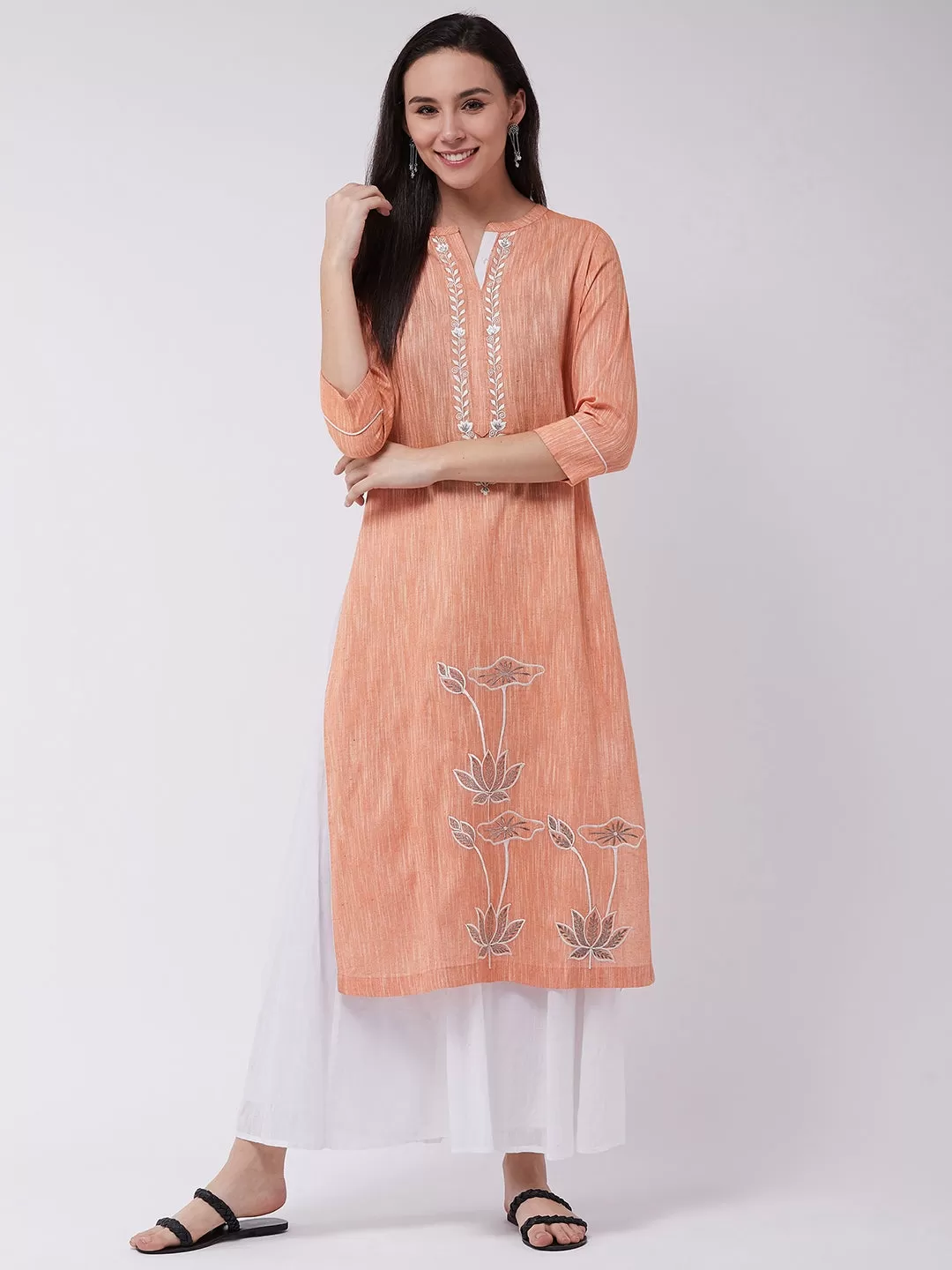 Chambray Floral Embroidered Kurta